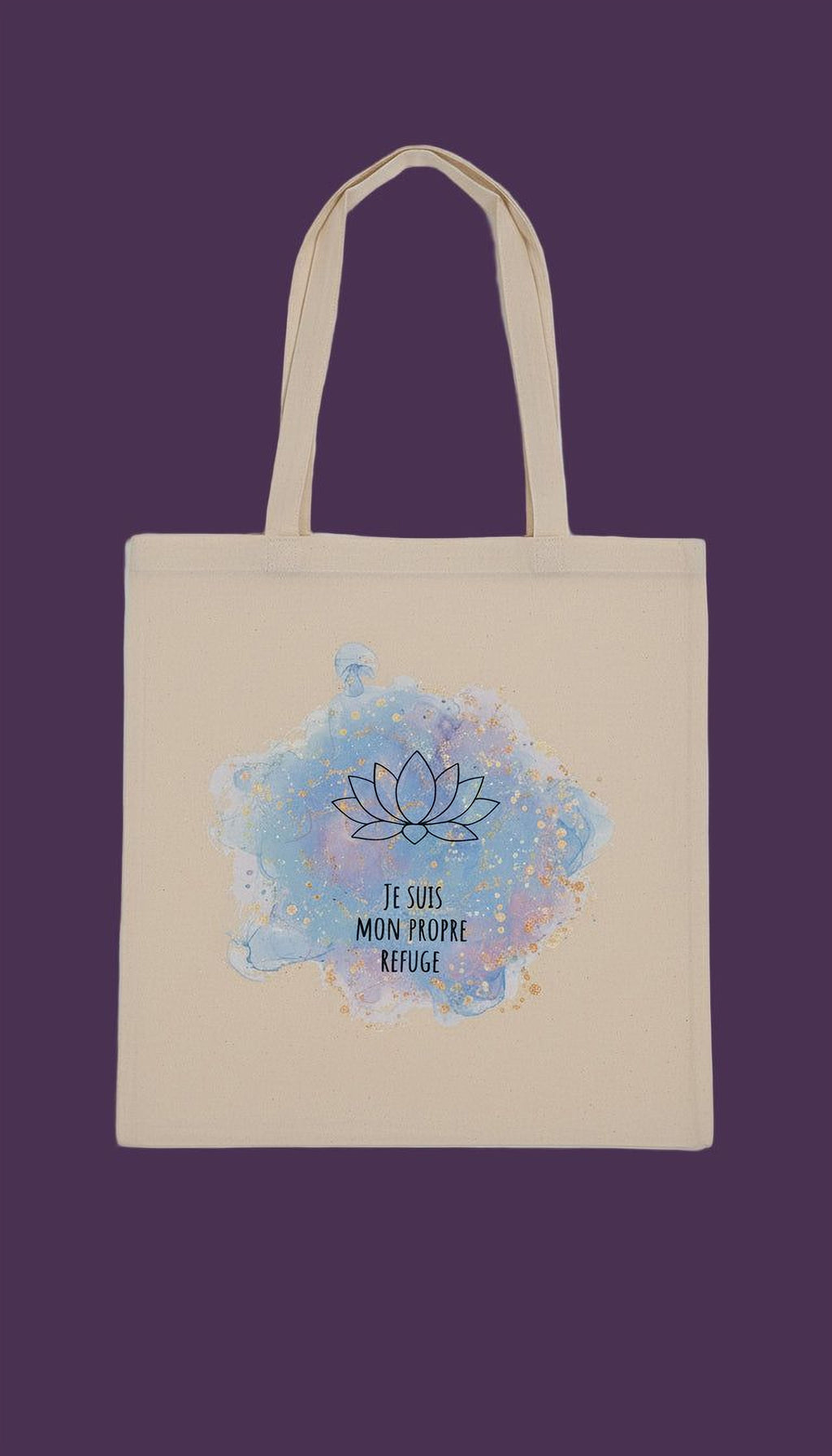 A beige canvas tote bag with a watercolor design featuring a lotus flower and the text "Je suis monde propre refuge" (I am a refugee).