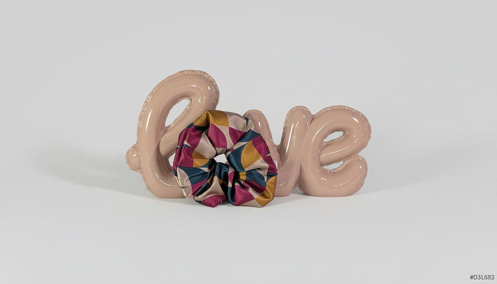 a pink balloon spelling out the word "LOVE" with a colorful scrunchie-like object placed in front of it.