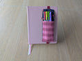 A pink notebook with a pen holder attached to it, containing a variety of colorful pens.