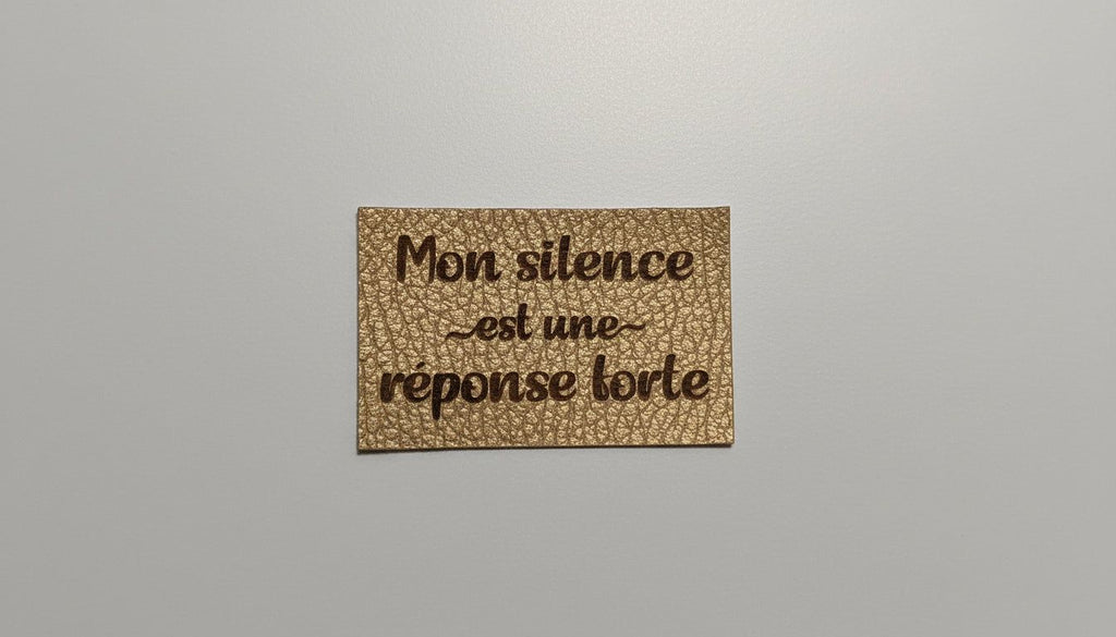 a rectangular piece of leather with the text "Mon silence est une response torte" (Silence is a response) printed on it.