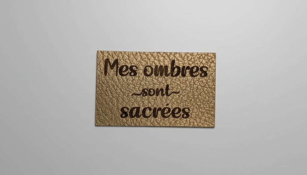 a gold-colored leather tag with the text "Mes ombres sont sacreres" printed on it.