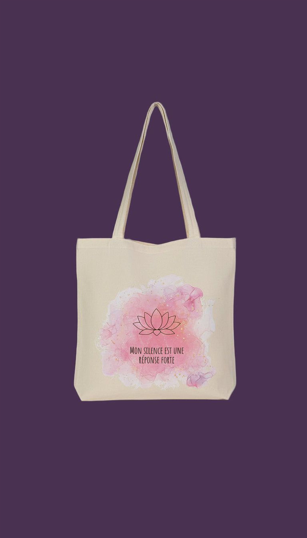 A beige tote bag with a watercolor design of a lotus flower and the text "MON SLEICE EST UNE REFUGE FORTÉ" printed on it.