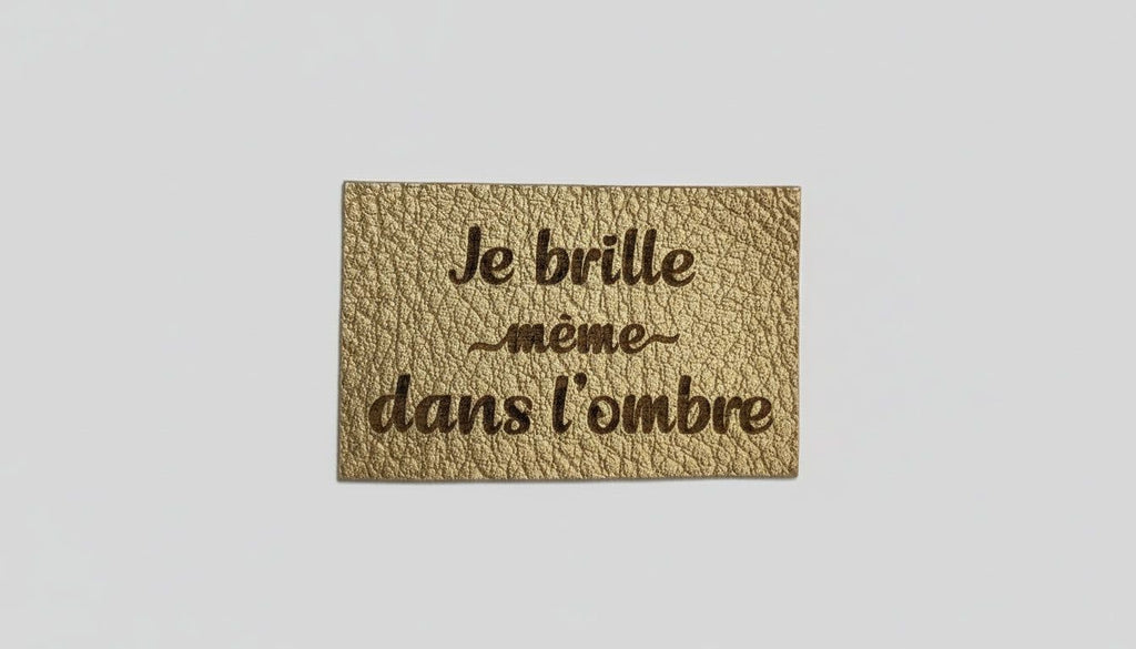 A gold-colored label with the text "Je brille même dans l'ombre" printed on it.